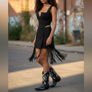 Gold Label Couture Black Fringe Mini Skirt Sz Small Braided Sides Fringe Western